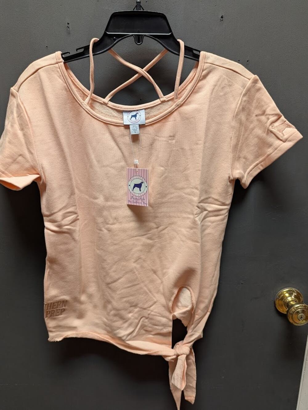 SOUTHERN GIRL PREP light Peach NEW sweatshirt short sleeve tie front crassback